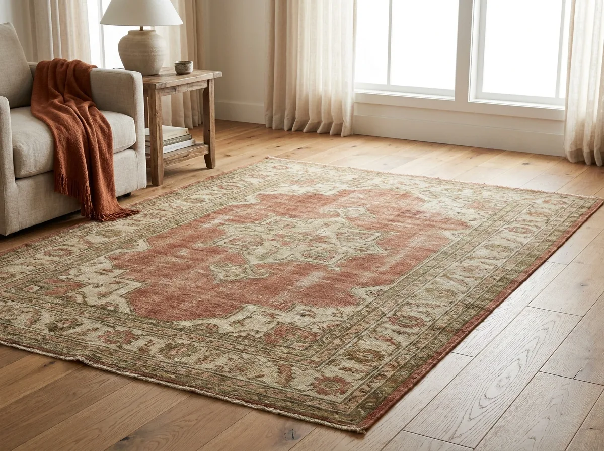 Vintage Aesthetic at Home: Get the Look Without the Costume 3 Faded wool rug in rust, cream and olive used as the anchor piece of a room
