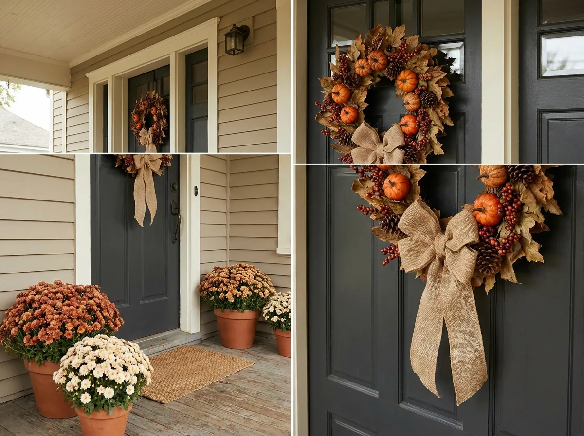 Fall wreath with mini pumpkins and berries on a black front door for seasonal decor