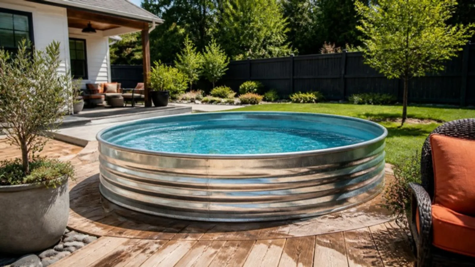 Round galvanized stock tank pool with clear water and a wooden deck built around it in a sunny backyard