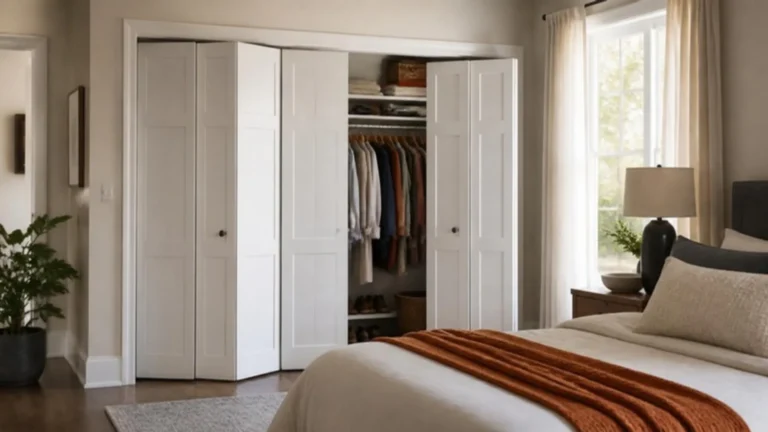 Bright bedroom with white shaker bifold closet doors partly open over neatly hung clothes