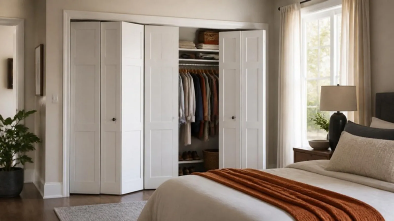 Bright bedroom with white shaker bifold closet doors partly open over neatly hung clothes