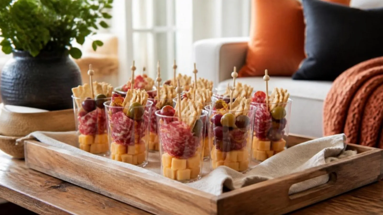 Wooden tray of clear charcuterie cups with skewers on a living room coffee table