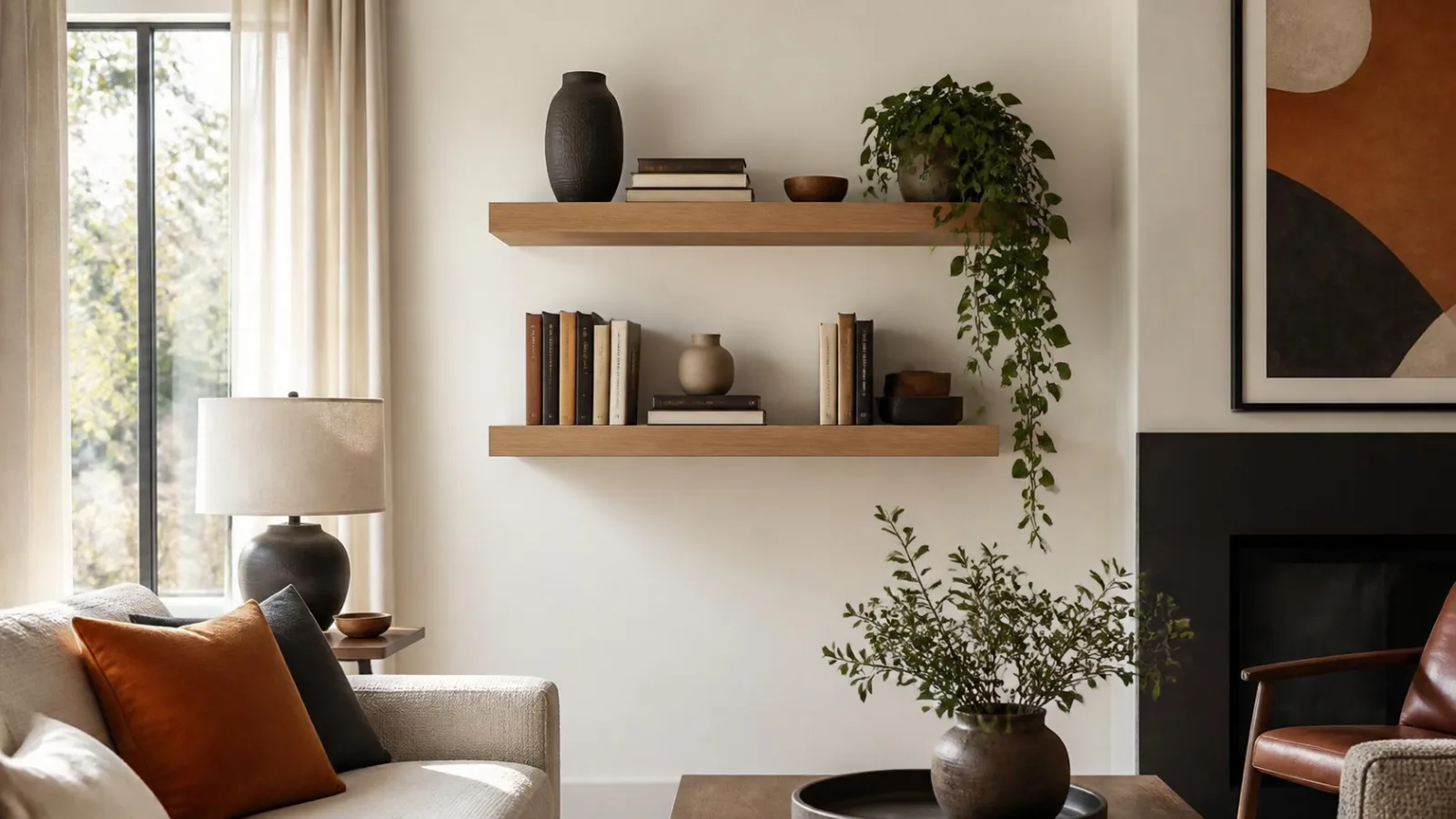 Oak floating shelf with books, a vase and a trailing plant on a bright living room wall