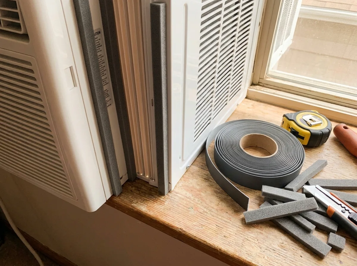 Vertical Window Air Conditioner: Does Your Window Actually Fit One? 4 Foam weatherstripping and a tape measure on a windowsill beside a vertical window air conditioner