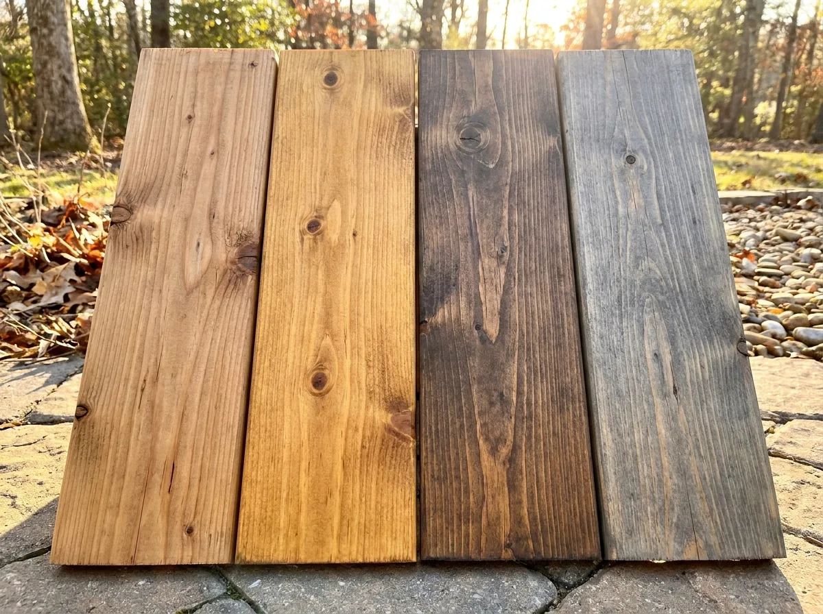 Four deck boards showing different semi-transparent deck stain colors side by side