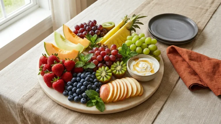 Fruit Charcuterie Board: Amounts, Styling and Food Safety (2026 Guide) 17 Fruit charcuterie board with berries, melon, grapes and honey yogurt dip on a marble board