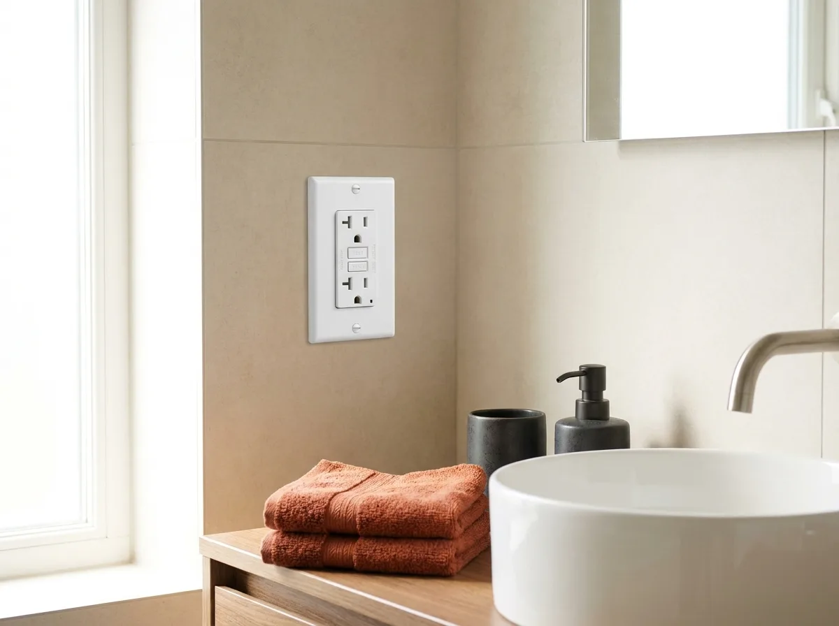 GFCI outlet with test and reset buttons mounted on a tiled bathroom wall