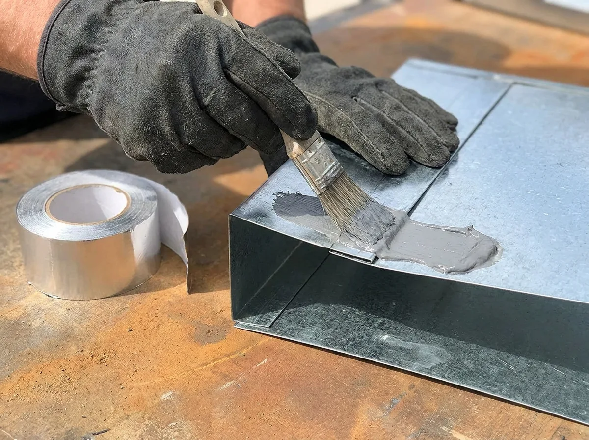Gloved hand brushing mastic sealant onto a sheet metal duct seam beside a roll of foil tape