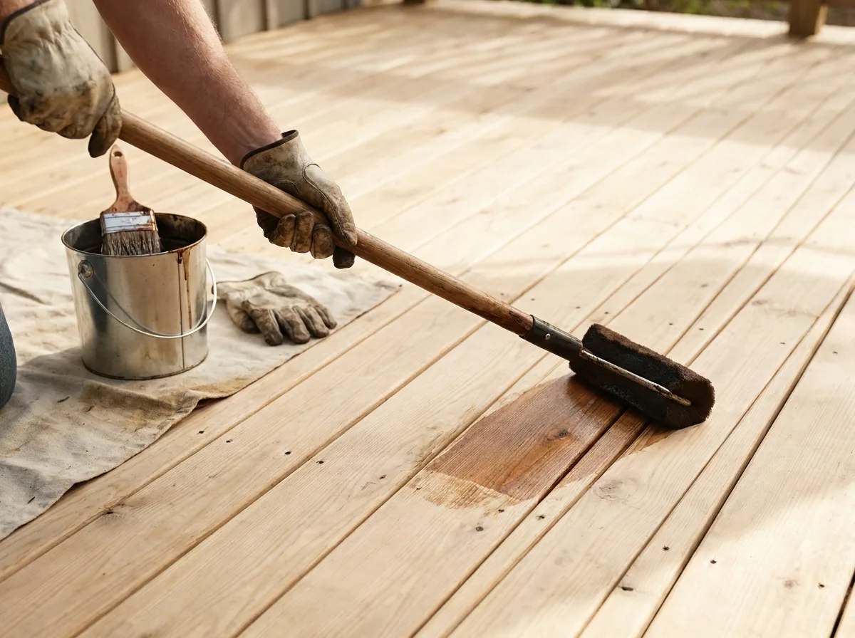 Gloved hands applying thin deck stain with a pad along clean wood boards