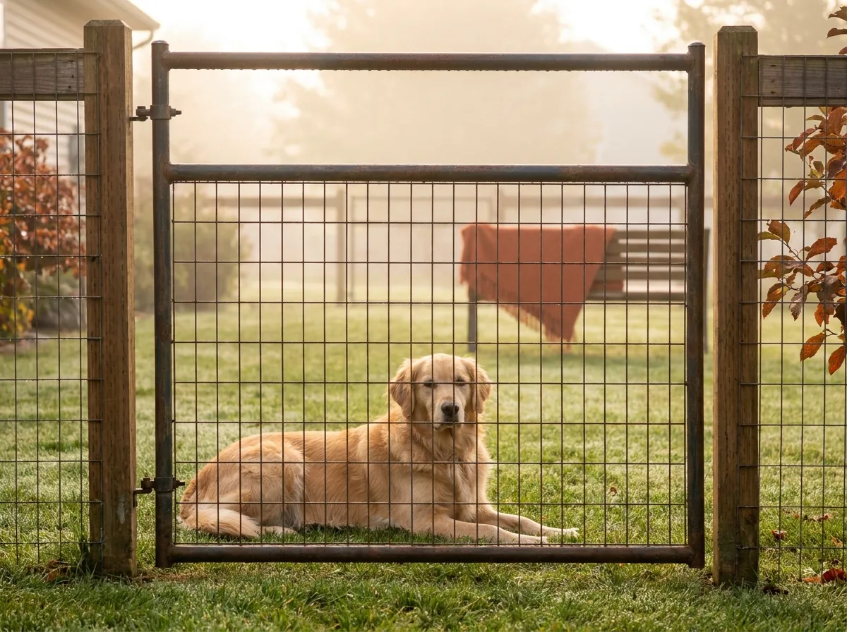 Golden retriever resting in a backyard beside a tall wire panel fence