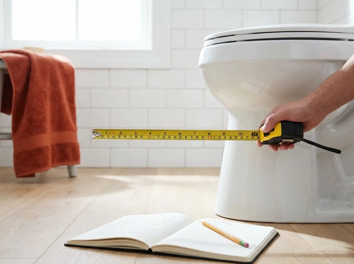 Hand holding a tape measure from a white bathroom wall to the base of a toilet