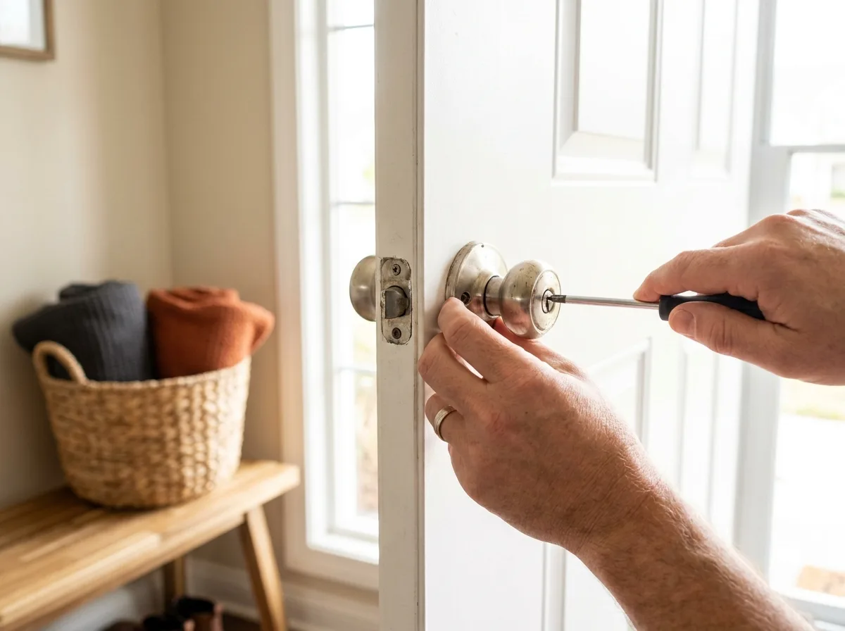 Hands unscrewing the rose plate of an old nickel knob on a white door
