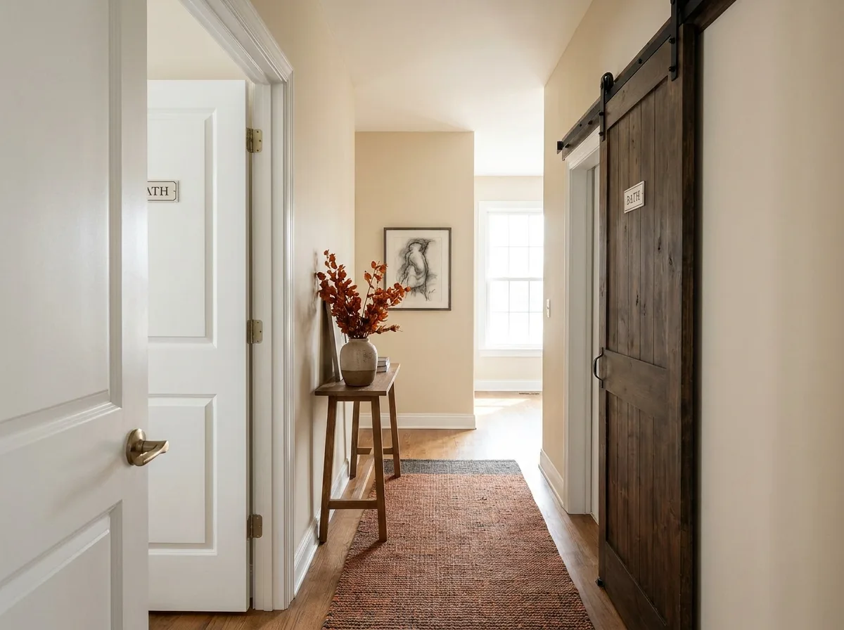Hinged and sliding barn style bathroom doors compared side by side in a bright hallway