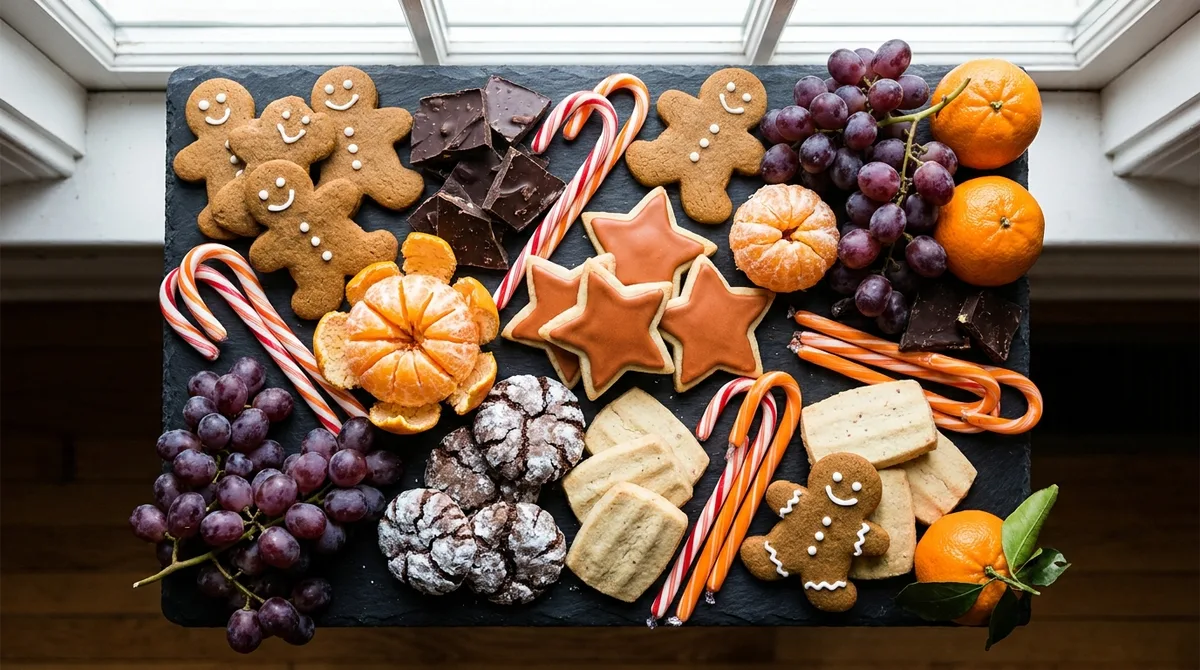 Holiday dessert board with gingerbread cookies, chocolate, candy canes and fresh fruit