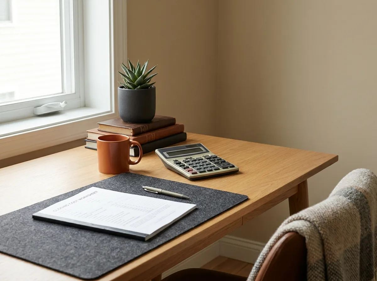 Home office desk with a worksheet and calculator for figuring who pays closing costs