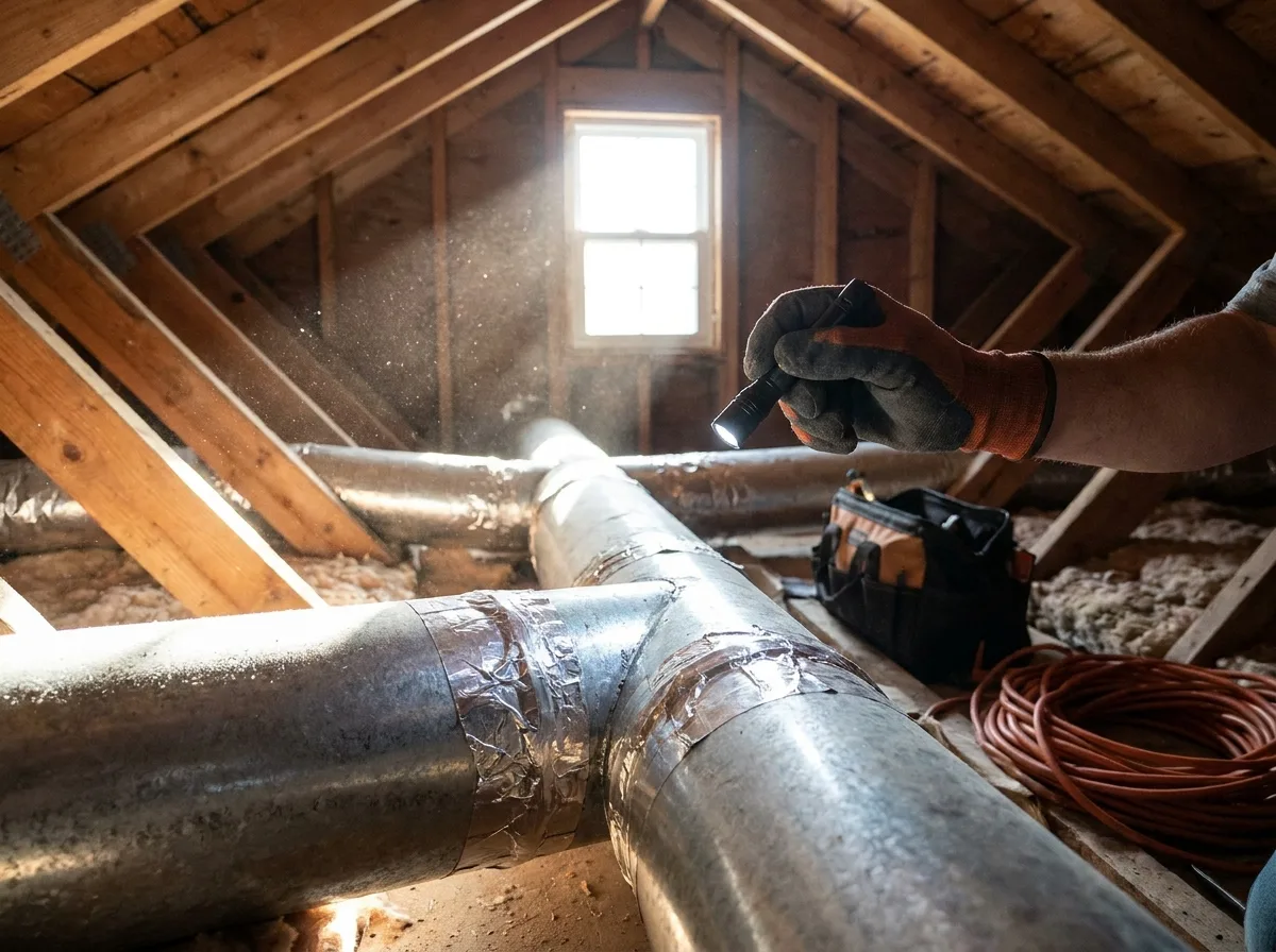 Homeowner running a gloved hand along an attic duct joint to feel for leaking air