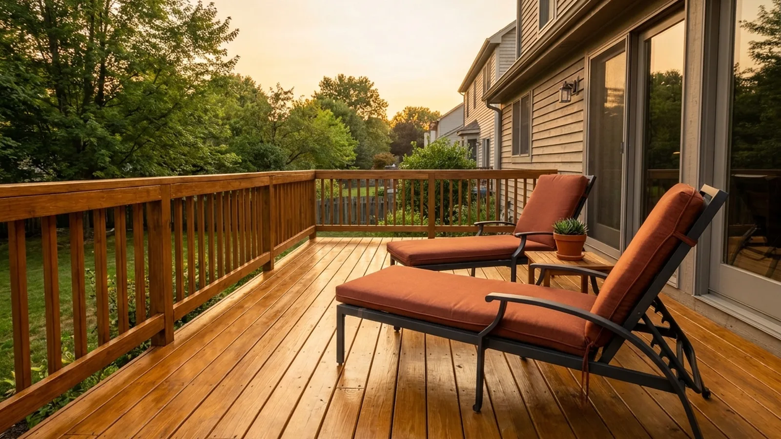 Honey-brown stained wooden deck with outdoor lounge chairs at golden hour