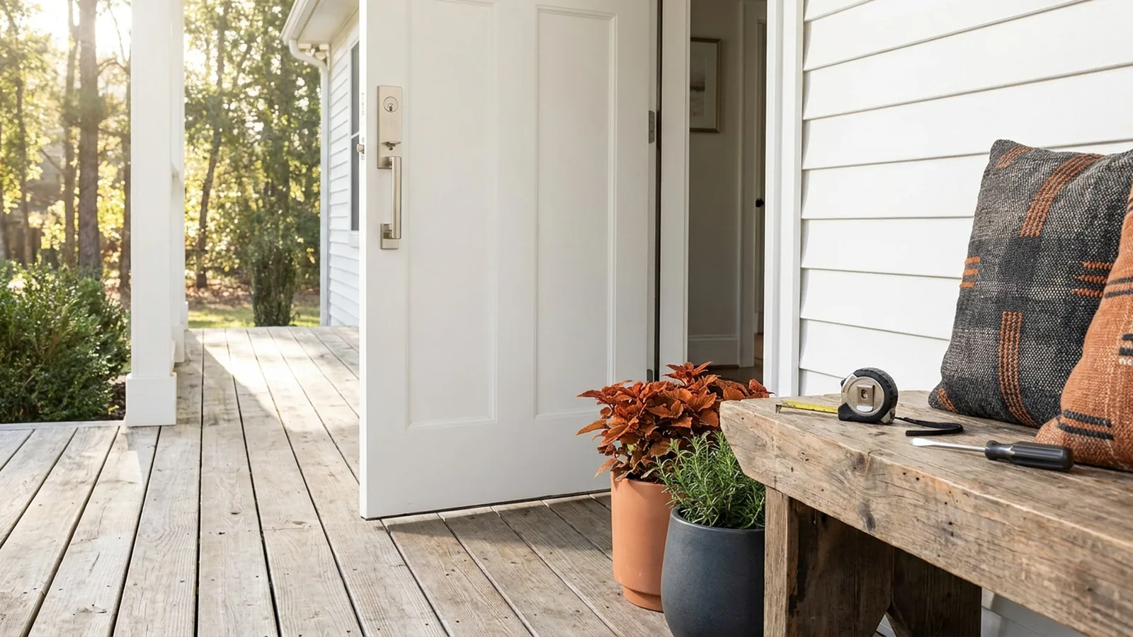 How to replace door handle hardware: open white front door with new handleset and tape measure