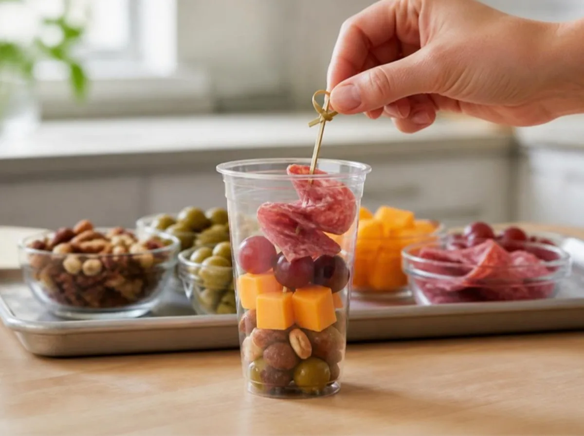 Hand adding a salami skewer to a layered charcuterie cup on a kitchen counter