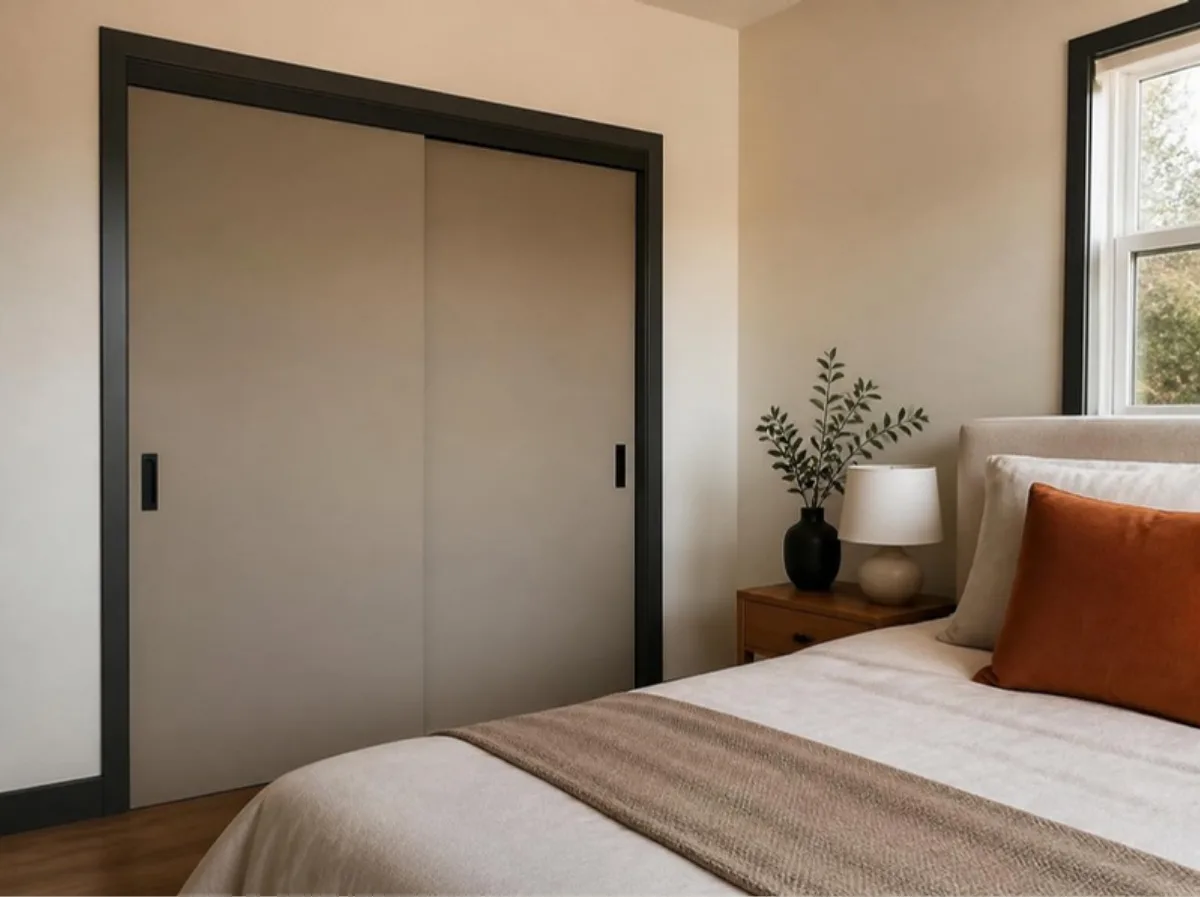 Sliding bypass closet doors in a small bedroom with the bed close to the closet