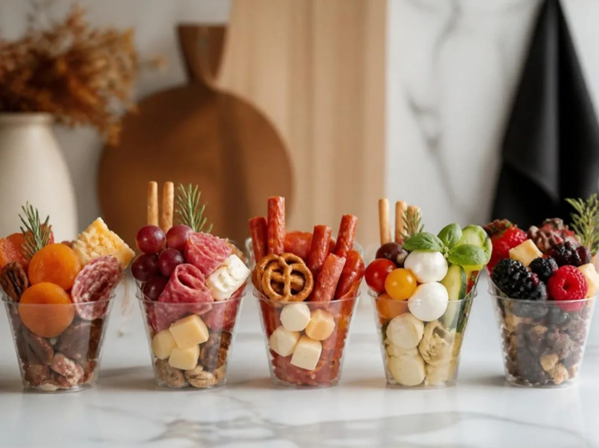 Five charcuterie cups styled for fall, winter, game day, vegetarian and dessert parties