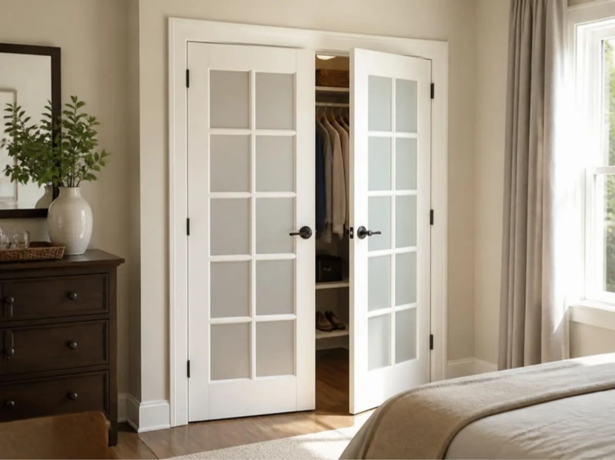 White French closet doors with frosted glass panes in a spacious bedroom