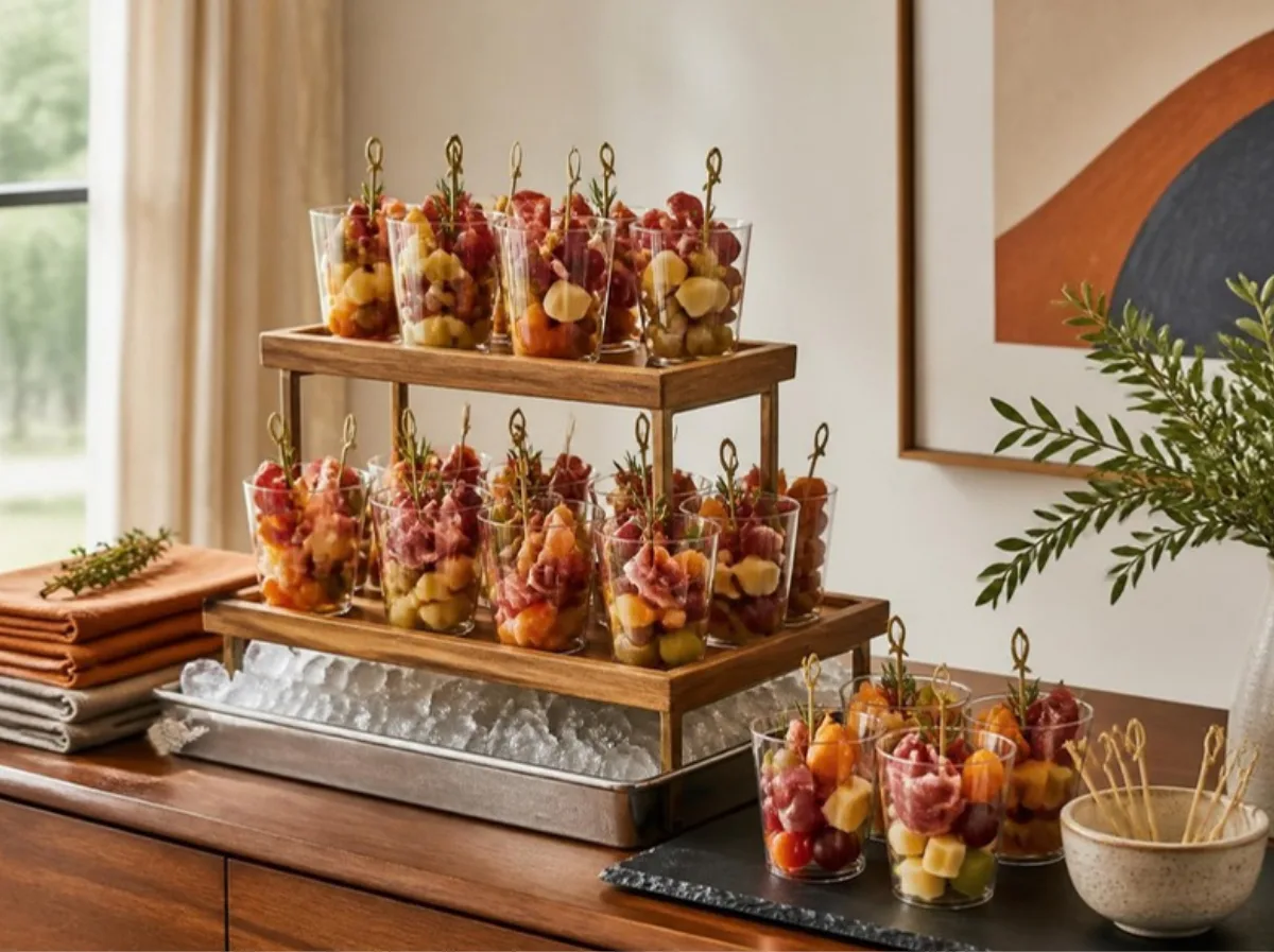 Charcuterie cups displayed on a tiered wooden stand over ice in a bright dining room