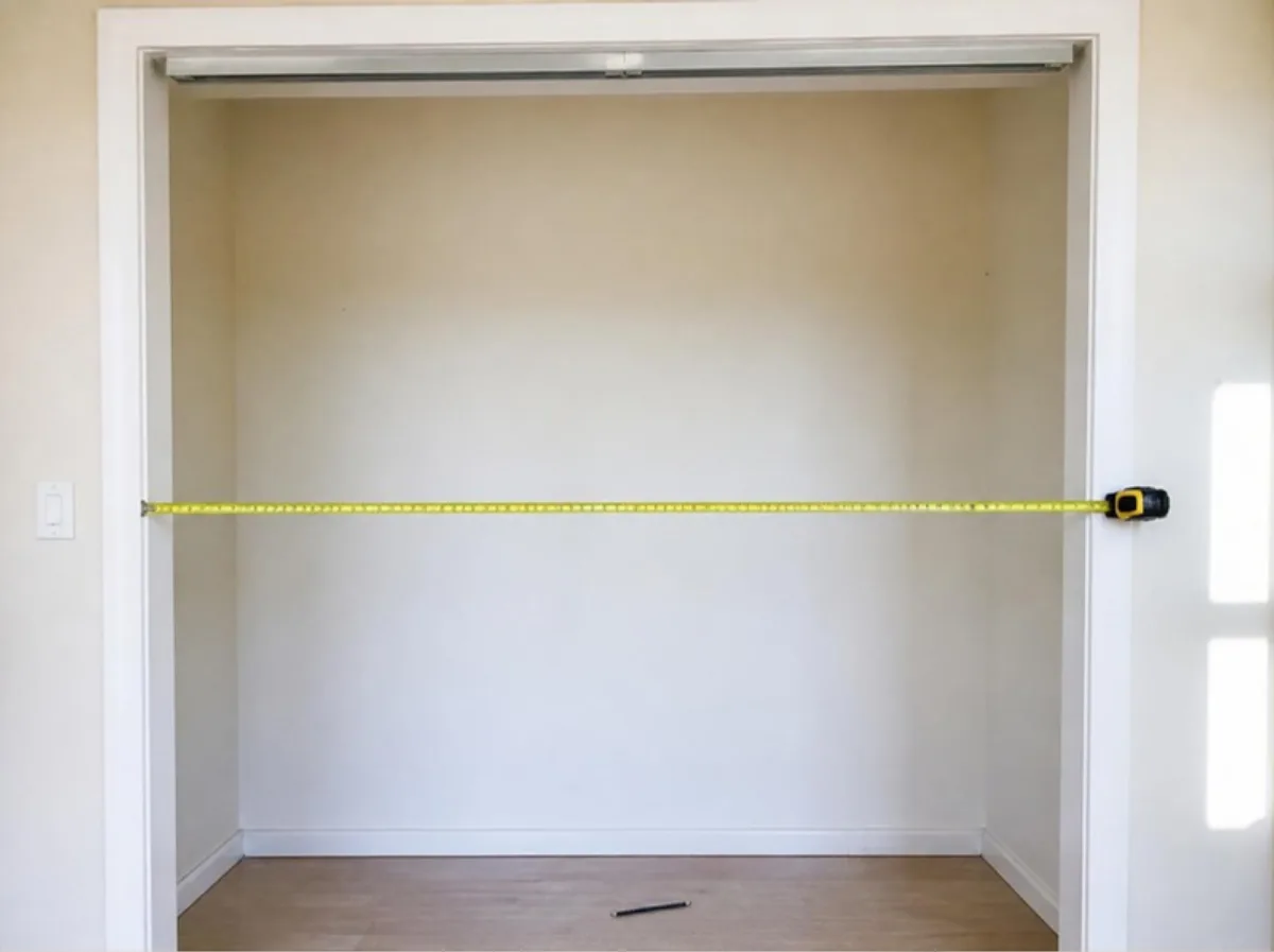 Tape measure stretched across an empty closet opening before choosing new doors