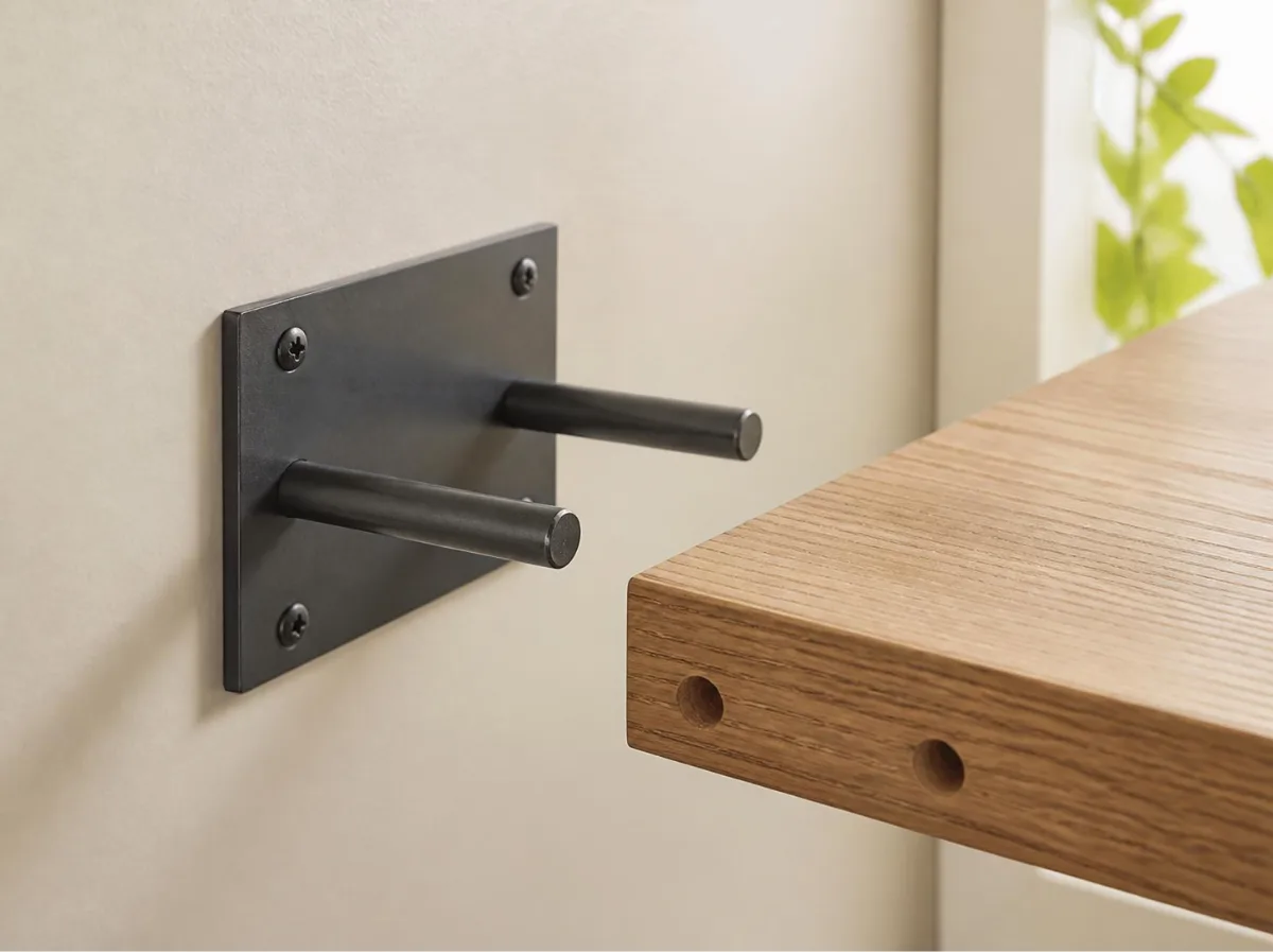 Hidden steel mounting plate with rods beside an oak shelf board drilled to slide over it