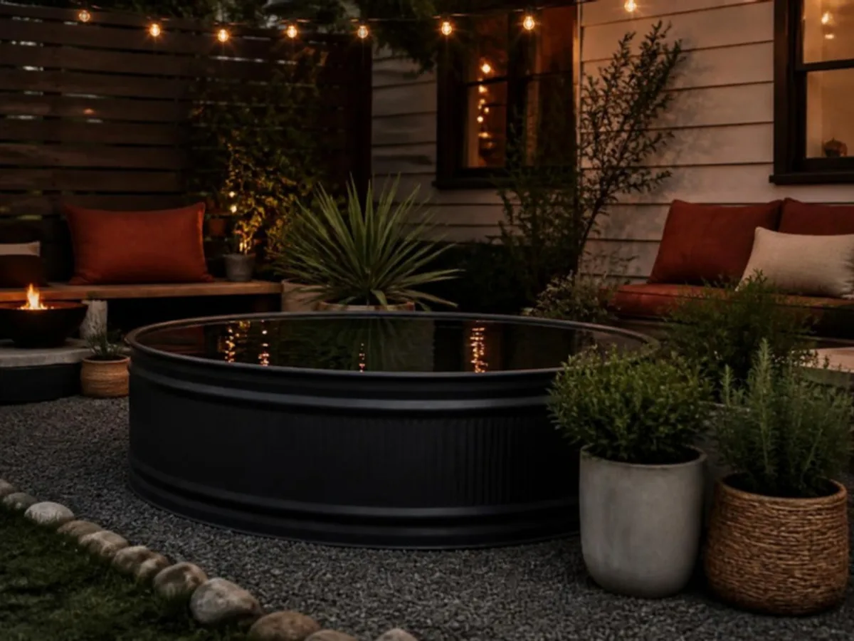 Charcoal painted stock tank pool styled with potted plants, cushions and string lights at dusk