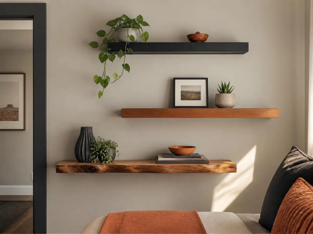 Staggered floating shelves in different lengths and woods holding small decor and plants