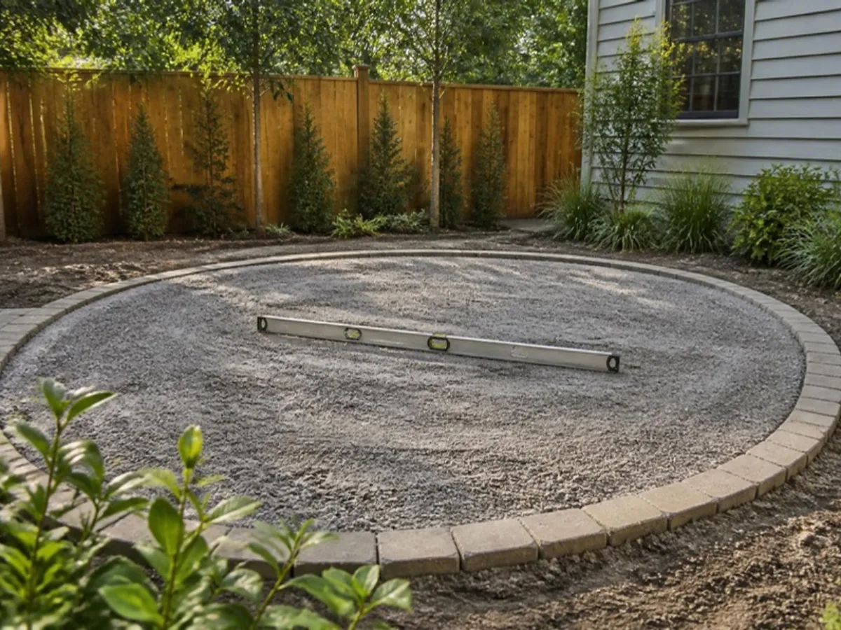 Level compacted gravel pad with a spirit level, ready for a stock tank pool in a backyard