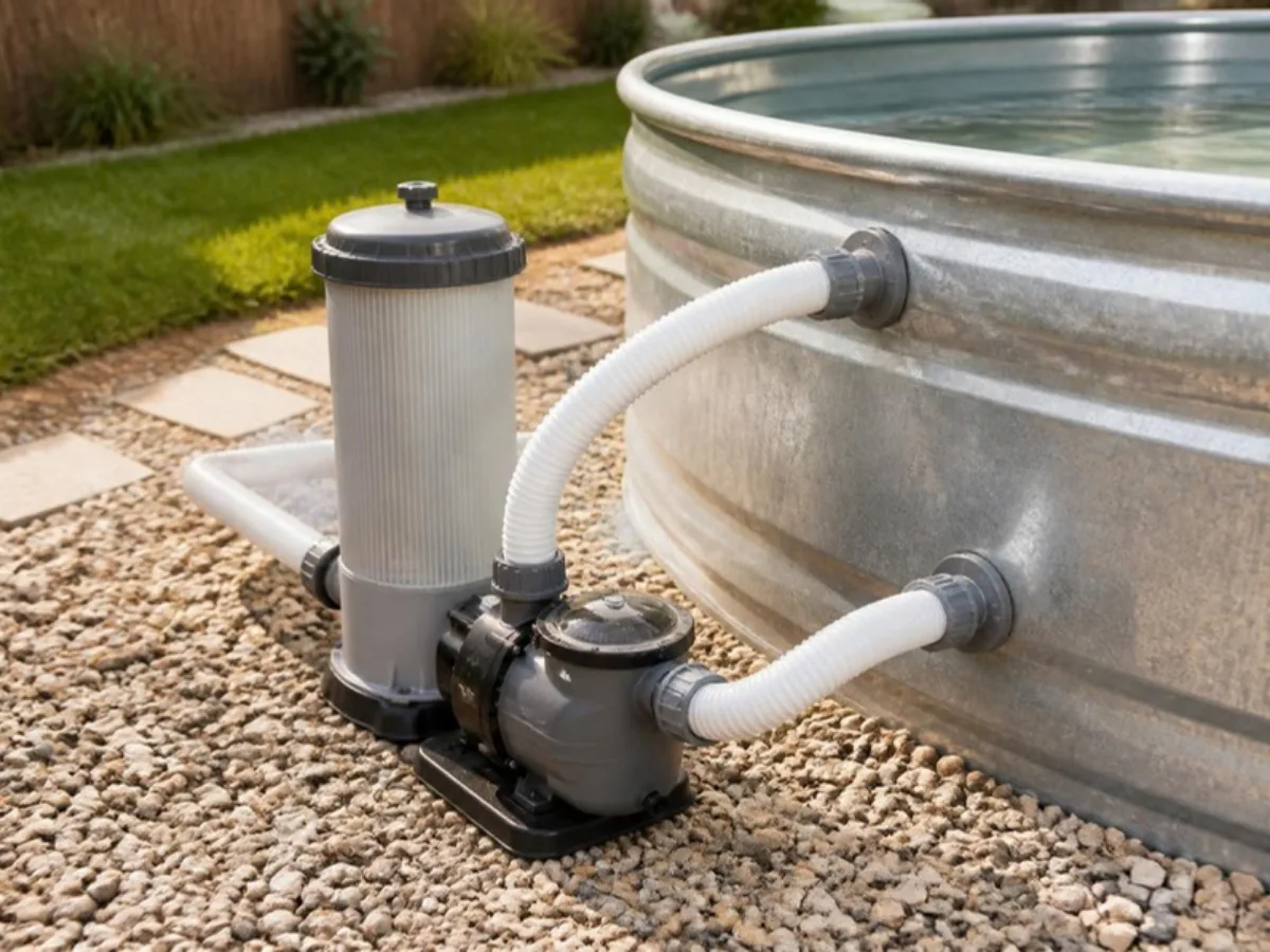 Pool pump and cartridge filter with hoses connected to a galvanized stock tank pool