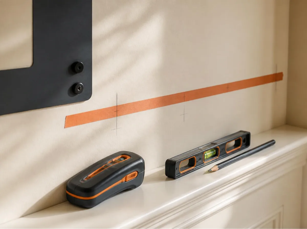 Stud finder, level and pencil on a ledge below tape marks showing where a shelf will go