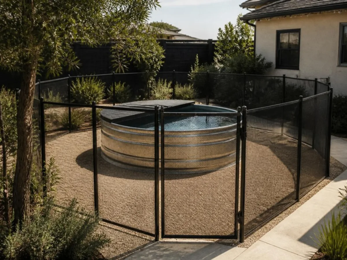 Stock tank pool inside a black safety fence with a self-latching gate and a partial cover