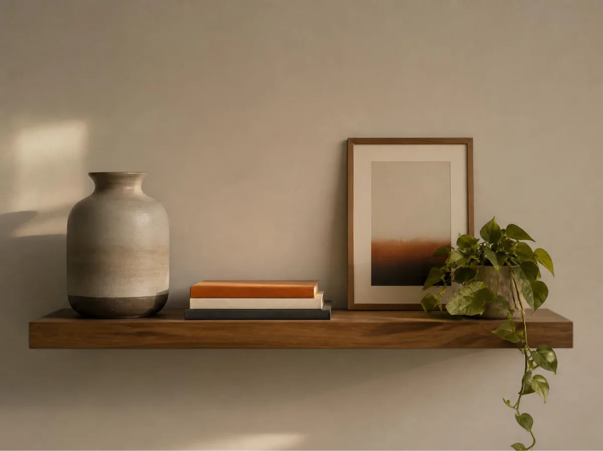 One vase, stacked books, a framed print and a plant on a floating shelf
