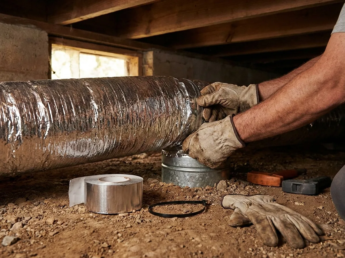 Insulated flex duct being connected to a metal collar in a crawlspace with foil tape nearby