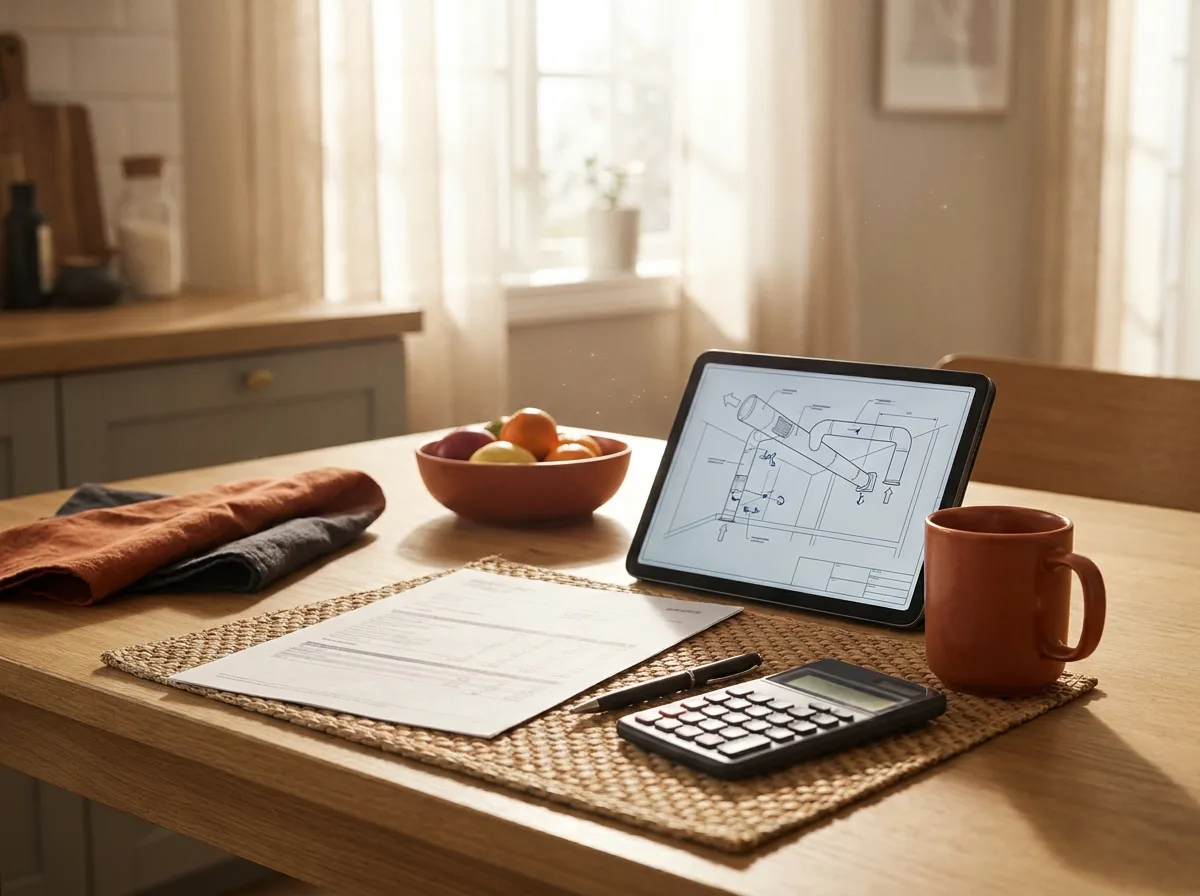 Itemized ductwork quote, calculator and tablet duct diagram on a sunlit kitchen table