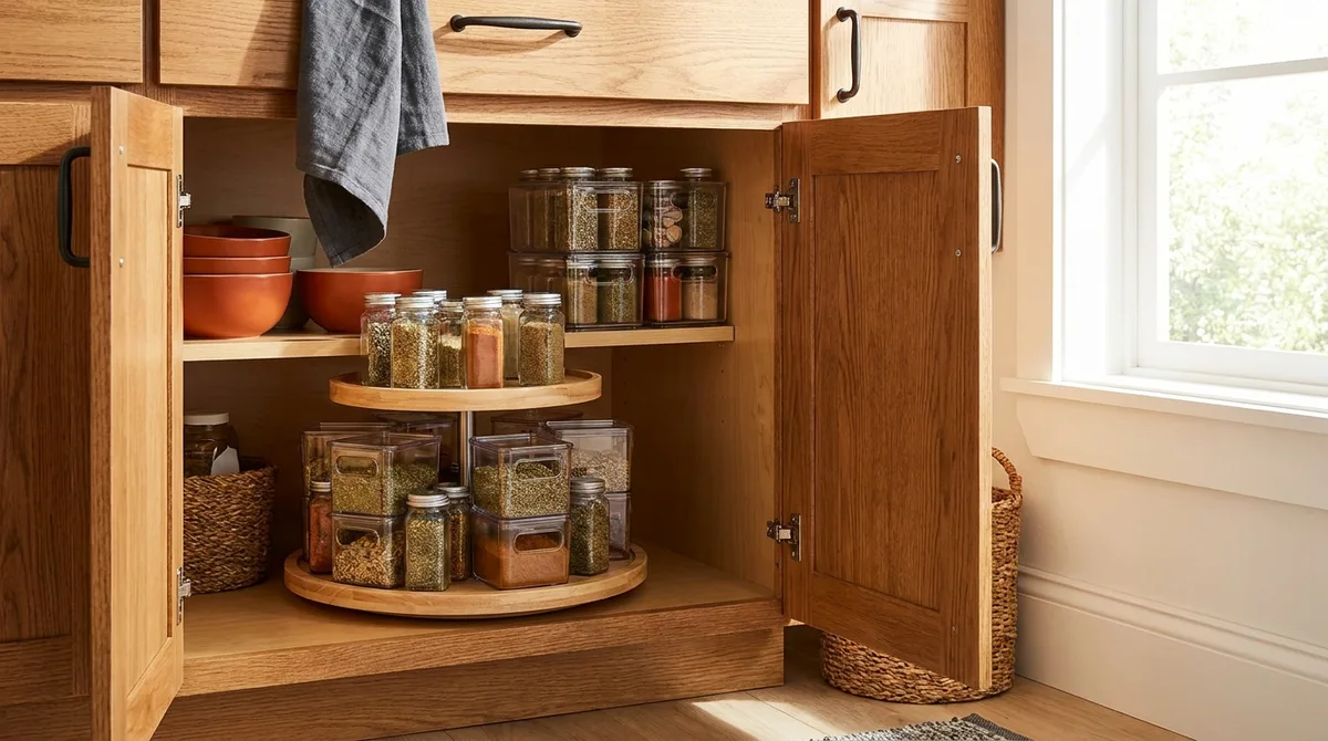 Lazy Susan and stackable bins organizing spices inside a deep base cabinet