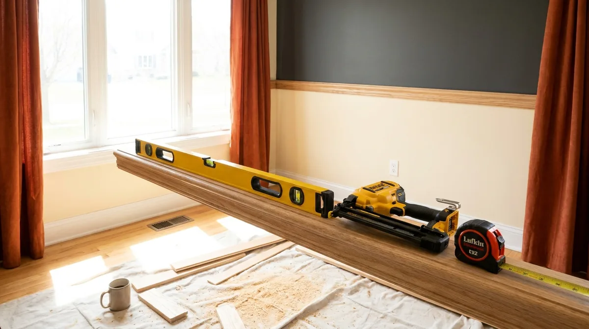 Level, brad nailer and tape measure resting on molding during a dining room trim install