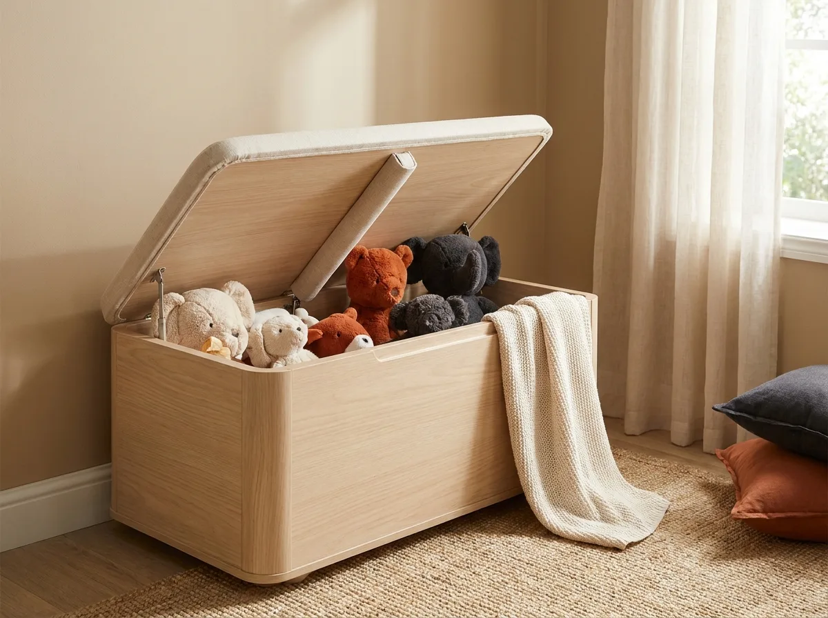 Storage Chest: How to Pick One That Is Safe, Sturdy and Stylish 5 Lidded toy box chest with a safety lid support and soft toys in a nursery