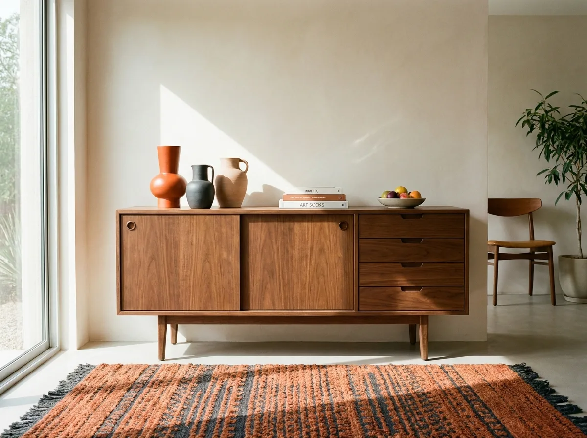 Dining Room Storage That Fits: Sizes, Costs and Smart Picks 2 Low mid-century credenza with drawers and doors styled with ceramics in a dining room
