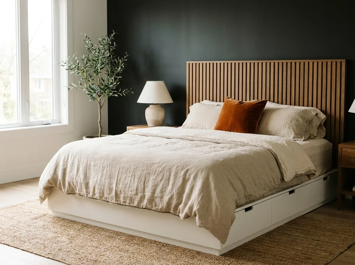 Low platform storage bed with a slatted wood headboard in a calm modern bedroom