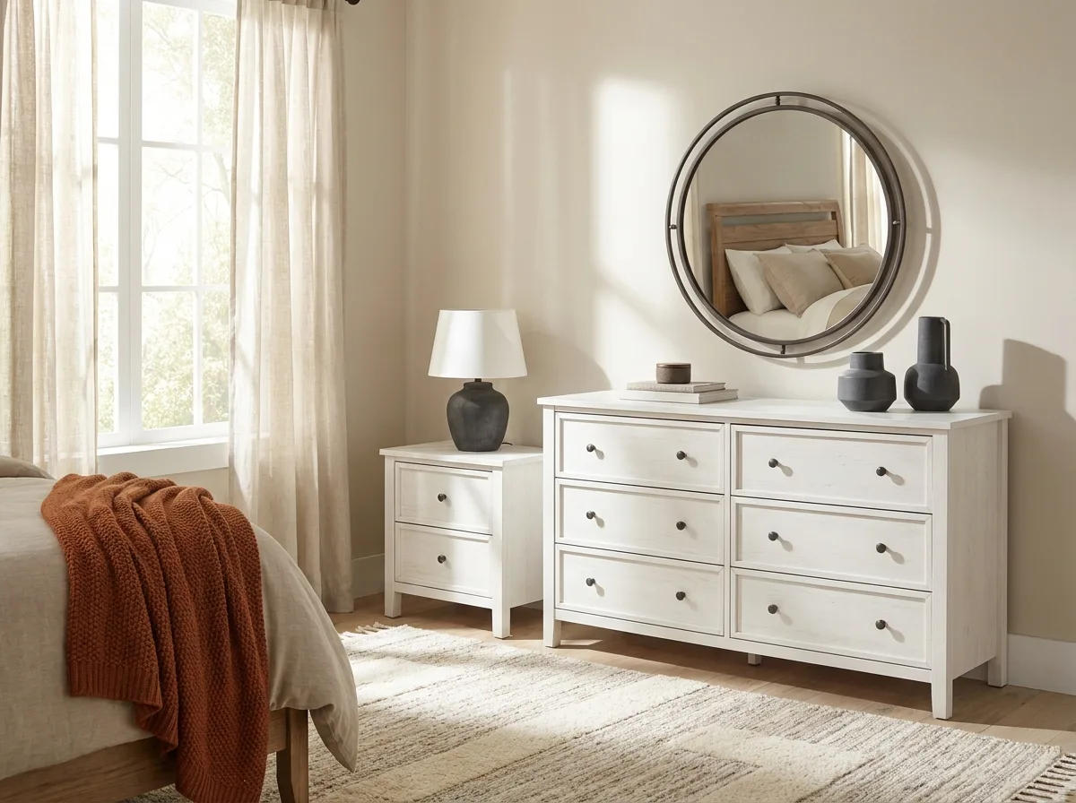 Matching bedroom chest of drawers and nightstand in warm neutral tones