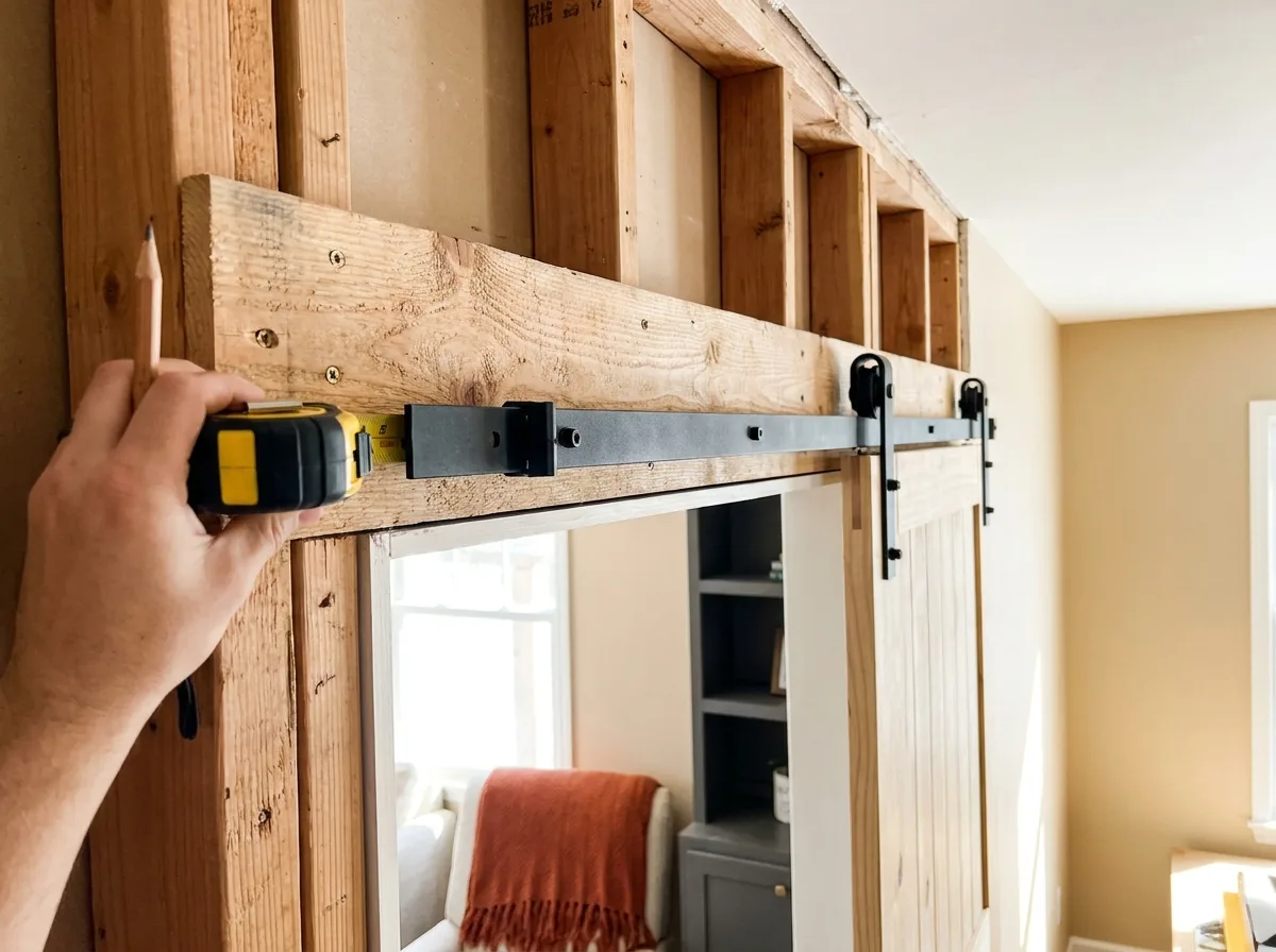 Measuring a wood header board fixed to wall studs before mounting a barn door track