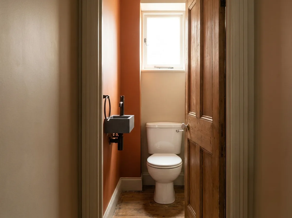 Narrow powder room where a toilet sits close to the door and side wall