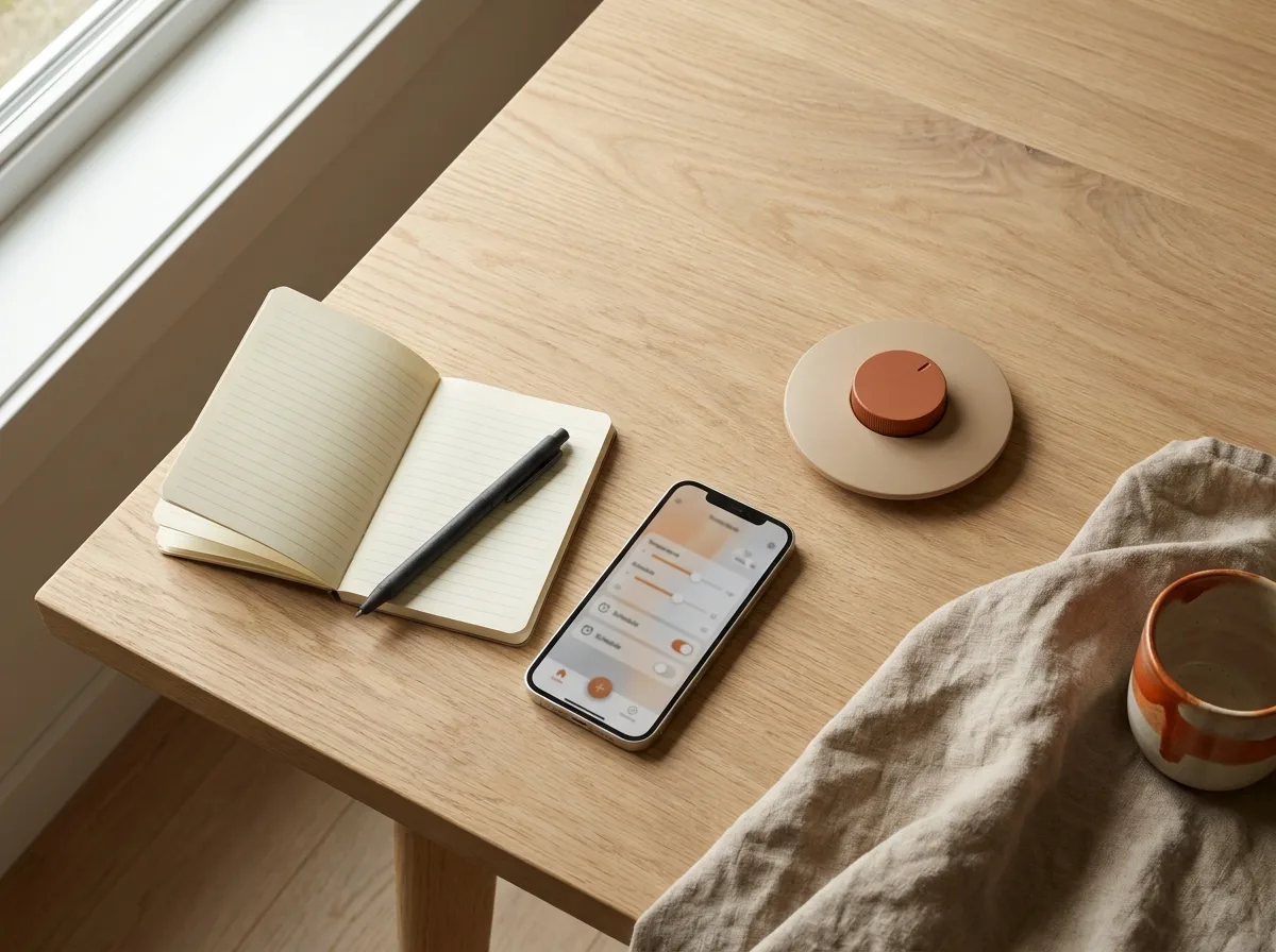 Notebook, pen and phone with a schedule screen ready before a Honeywell thermostat reset
