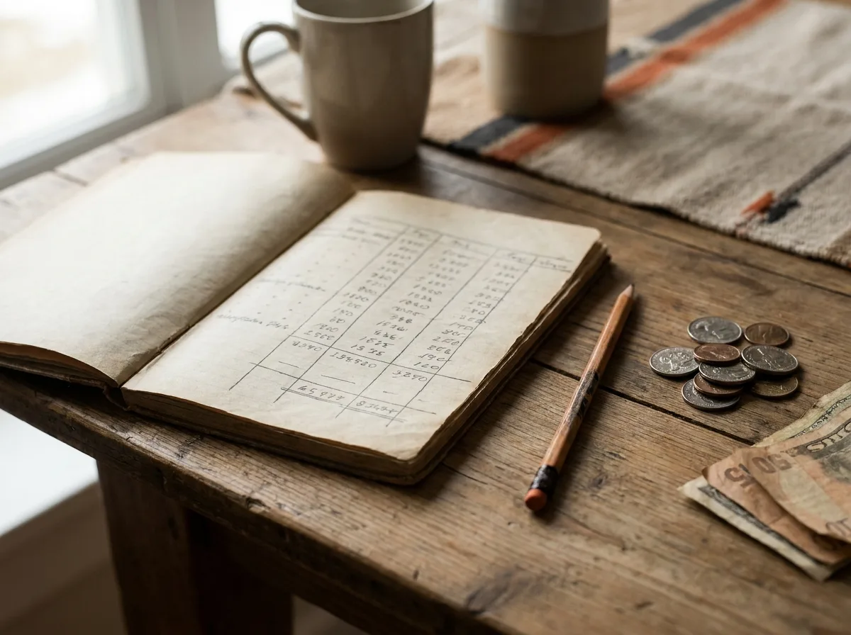 Notebook with budget columns, a pencil and coins on a wooden table for a cash-to-close estimate