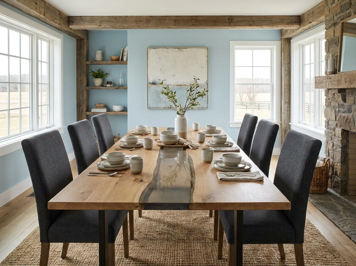 River Table Ideas and Styles That Fit Your Room and Budget 2 Oak river table with a smoky resin channel in a farmhouse dining room with blue walls