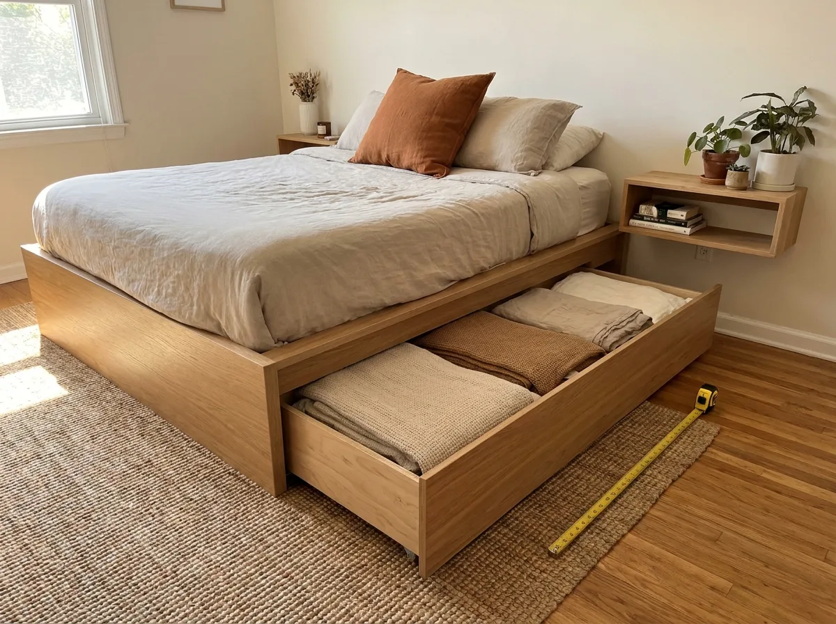 Open bed drawer with clear floor space beside a slim wall shelf in a bedroom